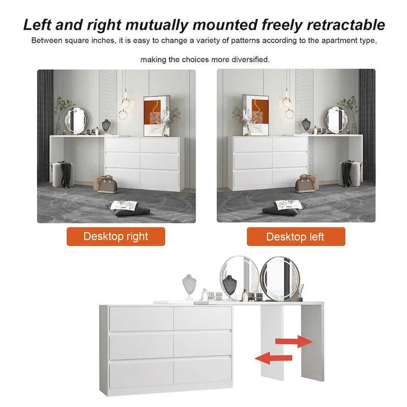 6-Drawer Dresser and Desk Vanity Combo in White - 51.2W x 32.7H inches