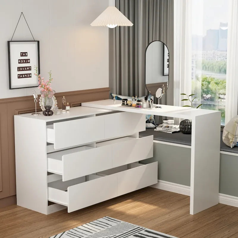6-Drawer Dresser and Desk Vanity Combo in White - 51.2W x 32.7H inches
