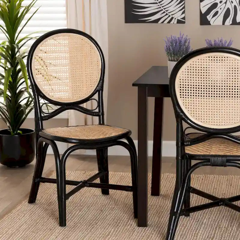Mid-Century Natural Rattan Dining Chair in Black and Natural Brown - Handcrafted