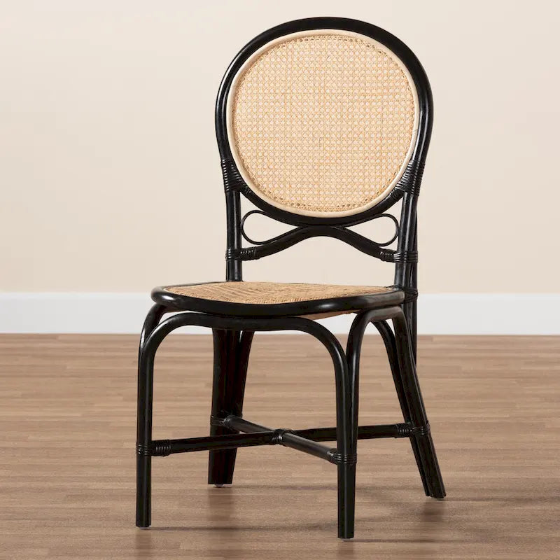 Mid-Century Natural Rattan Dining Chair in Black and Natural Brown - Handcrafted