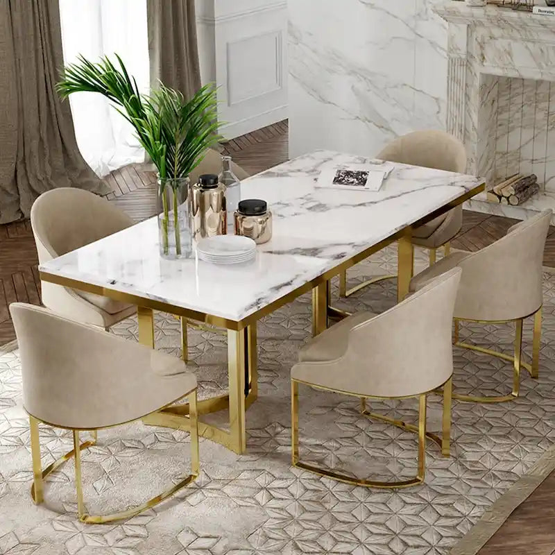 Modern 63-Inch Marble Dining Table with White Top and Gold Stainless Steel Legs