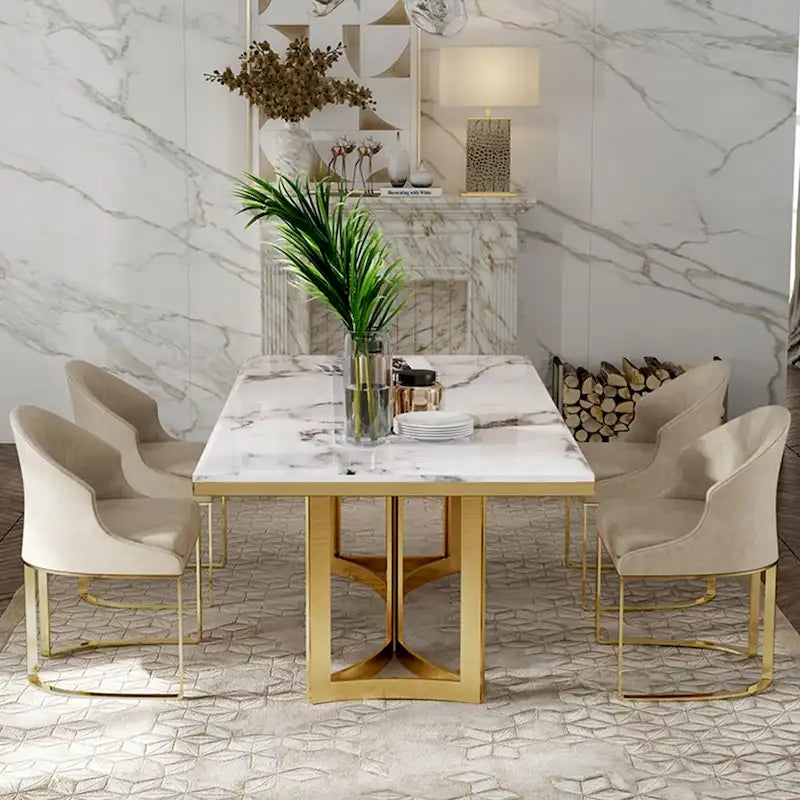 Modern 63-Inch Marble Dining Table with White Top and Gold Stainless Steel Legs