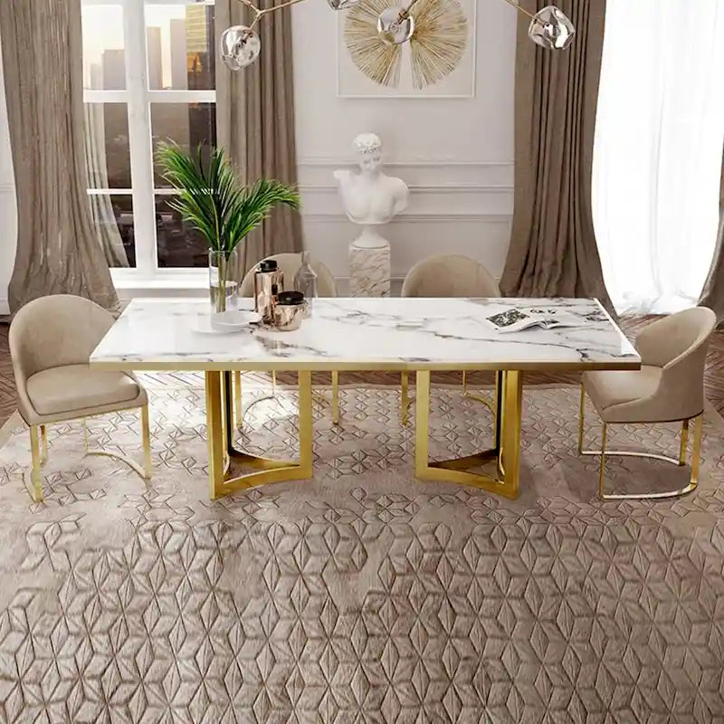 Modern 63-Inch Marble Dining Table with White Top and Gold Stainless Steel Legs