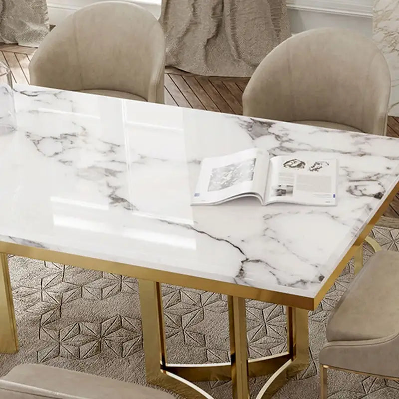 Modern 63-Inch Marble Dining Table with White Top and Gold Stainless Steel Legs