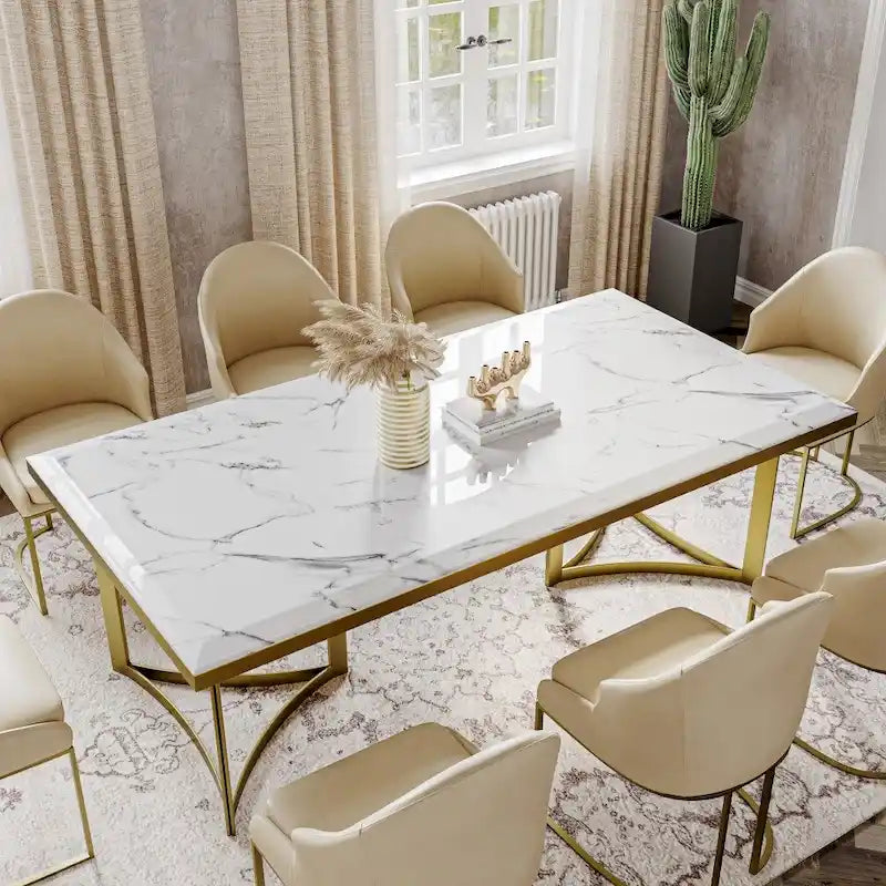 Modern 63-Inch Marble Dining Table with White Top and Gold Stainless Steel Legs