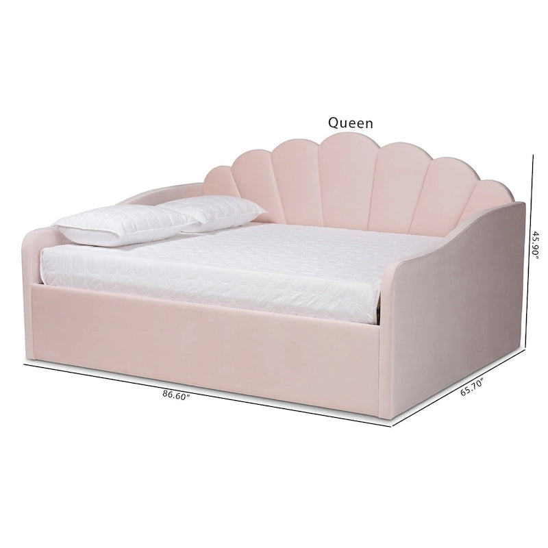 Modern Velvet Upholstered Daybed with Scalloped Edges - Light Pink