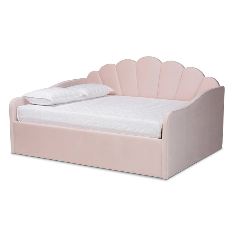 Modern Velvet Upholstered Daybed with Scalloped Edges - Light Pink