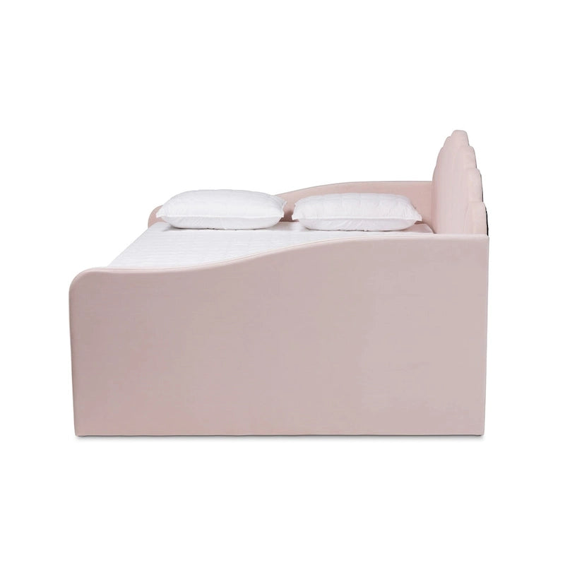 Modern Velvet Upholstered Daybed with Scalloped Edges - Light Pink