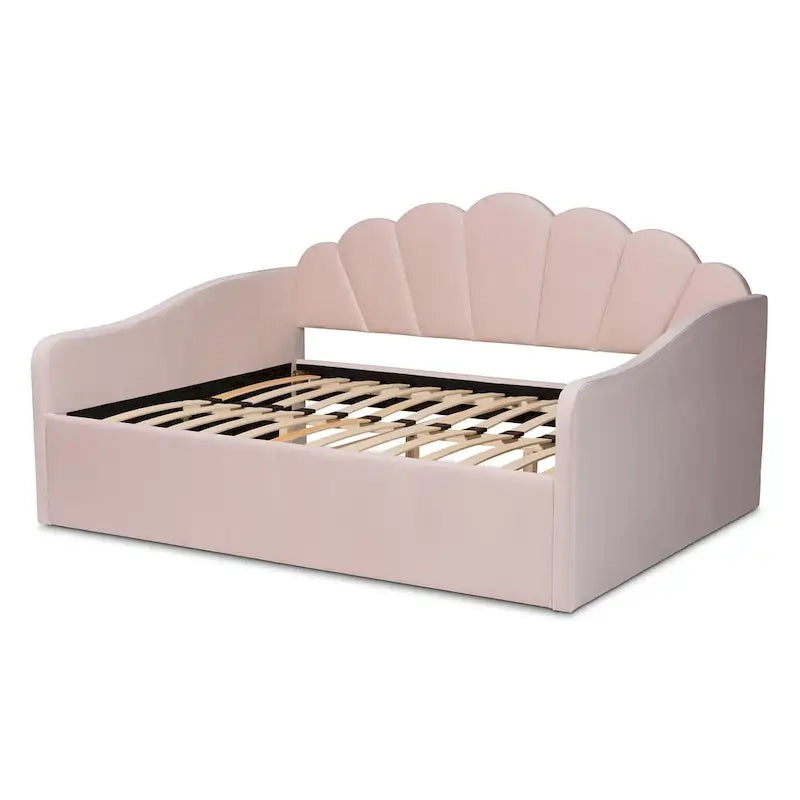 Modern Velvet Upholstered Daybed with Scalloped Edges - Light Pink