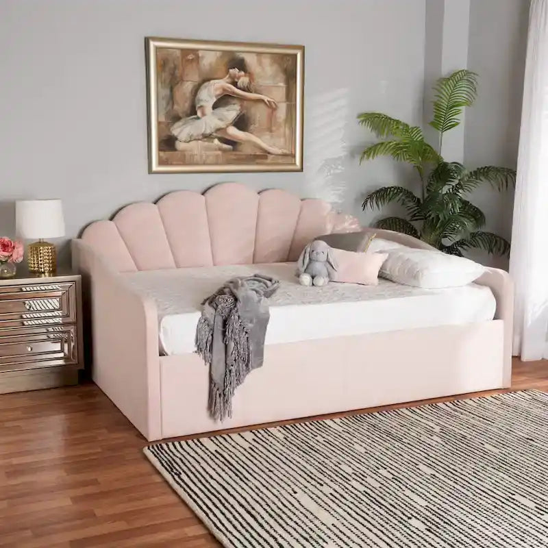 Modern Velvet Upholstered Daybed with Scalloped Edges - Light Pink