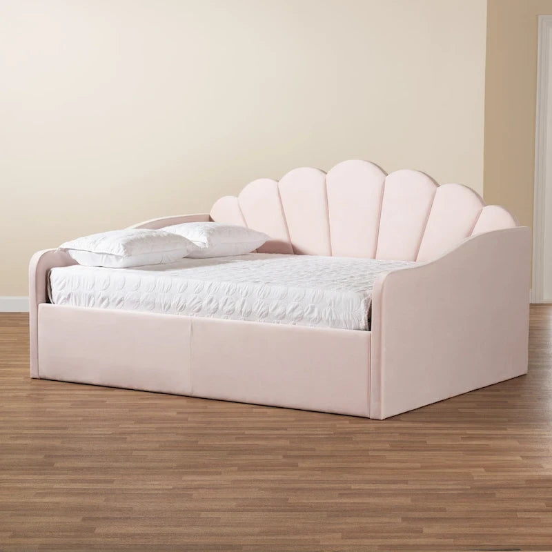 Modern Velvet Upholstered Daybed with Scalloped Edges - Light Pink
