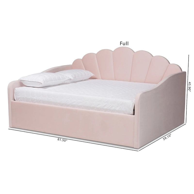 Modern Velvet Upholstered Daybed with Scalloped Edges - Light Pink
