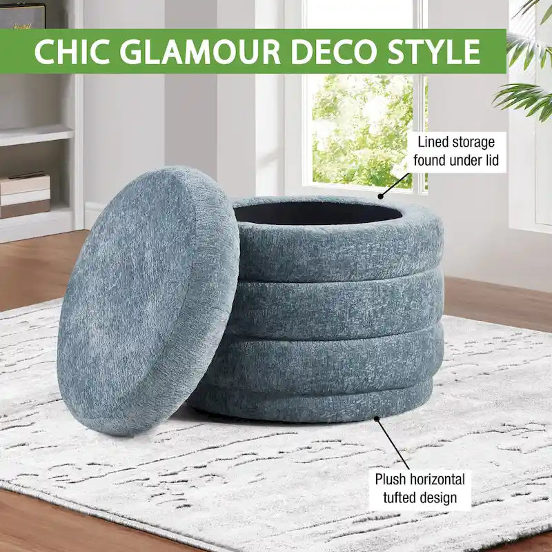 Cecil Art Deco Channel-Tufted Storage Ottoman - 20W x 20D x 18H inches