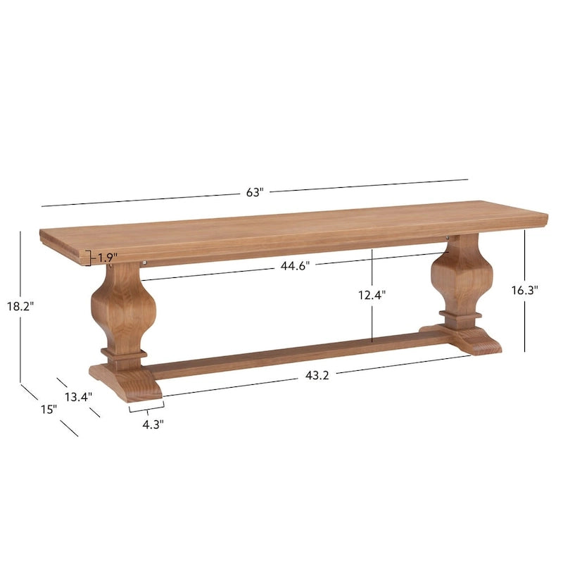Solid Pine Wood Dining Bench with Natural Lacquer Finish - 63 Inches Long