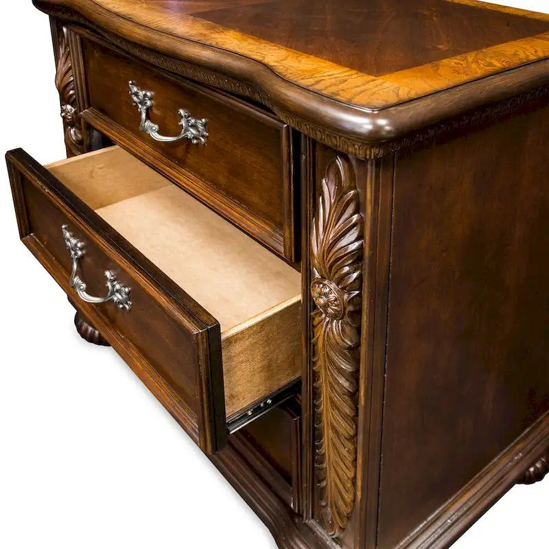 Traditional Solid Wood 3-Drawer Nightstand with Cherry Finish and Carved Details