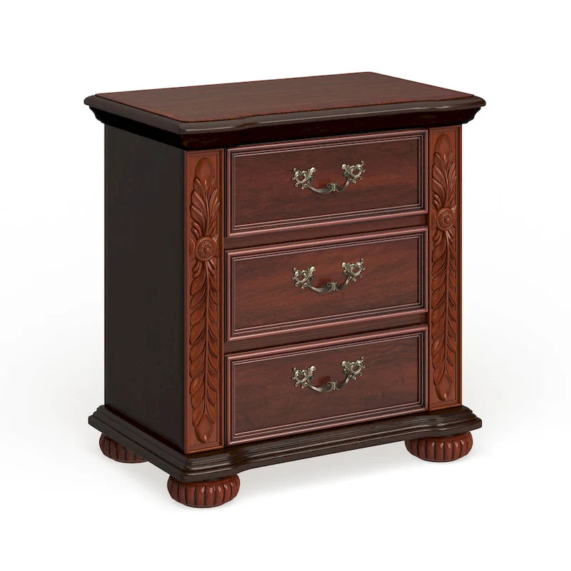 Traditional Solid Wood 3-Drawer Nightstand with Cherry Finish and Carved Details