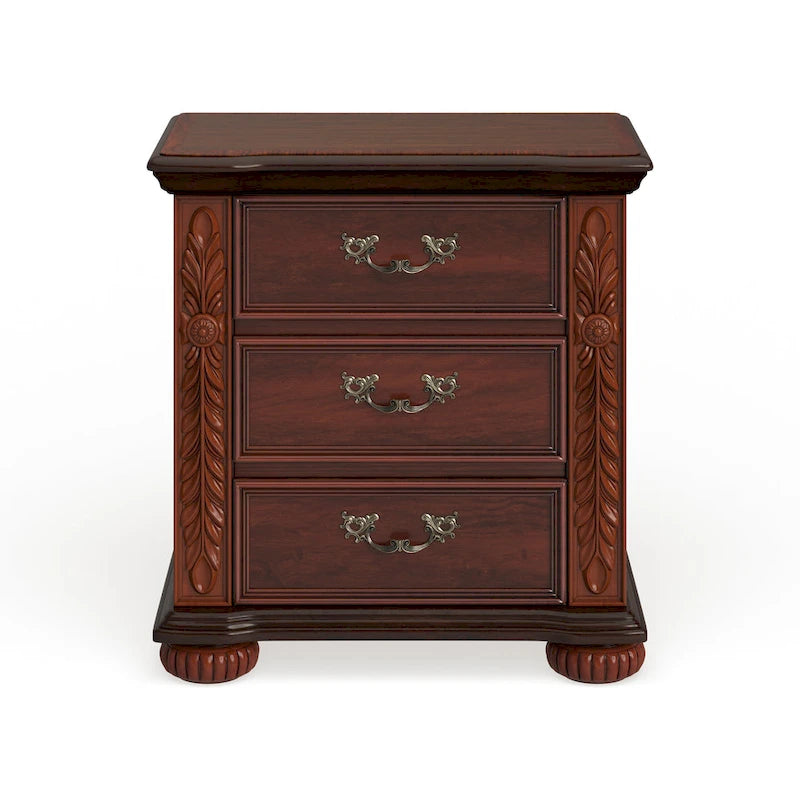 Traditional Solid Wood 3-Drawer Nightstand with Cherry Finish and Carved Details