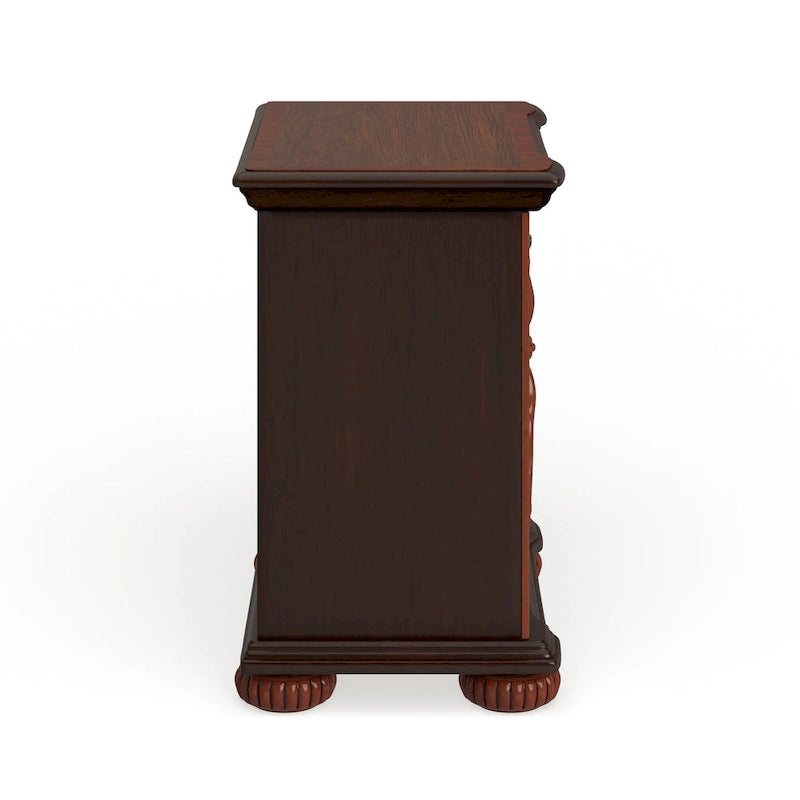 Traditional Solid Wood 3-Drawer Nightstand with Cherry Finish and Carved Details