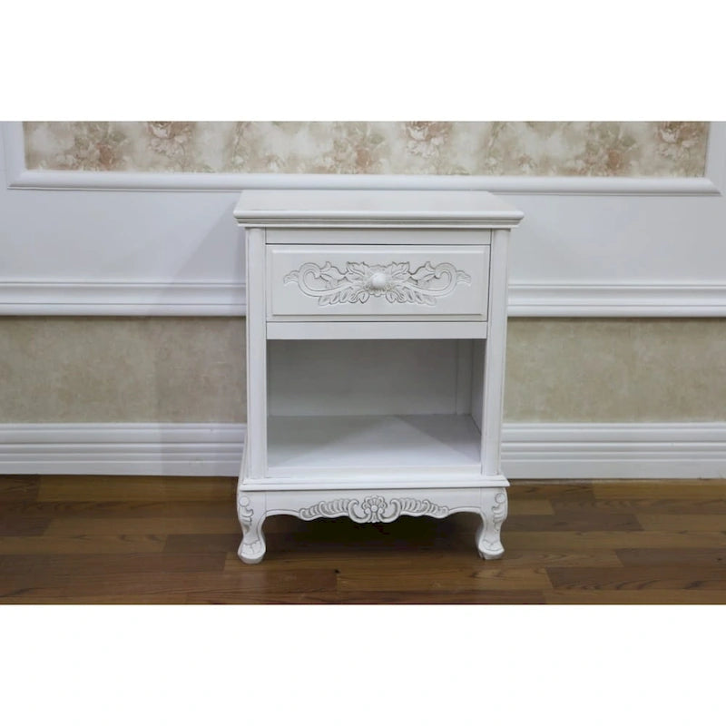 Hand-Carved Hardwood 1-Drawer Night Stand with Antique White Finish