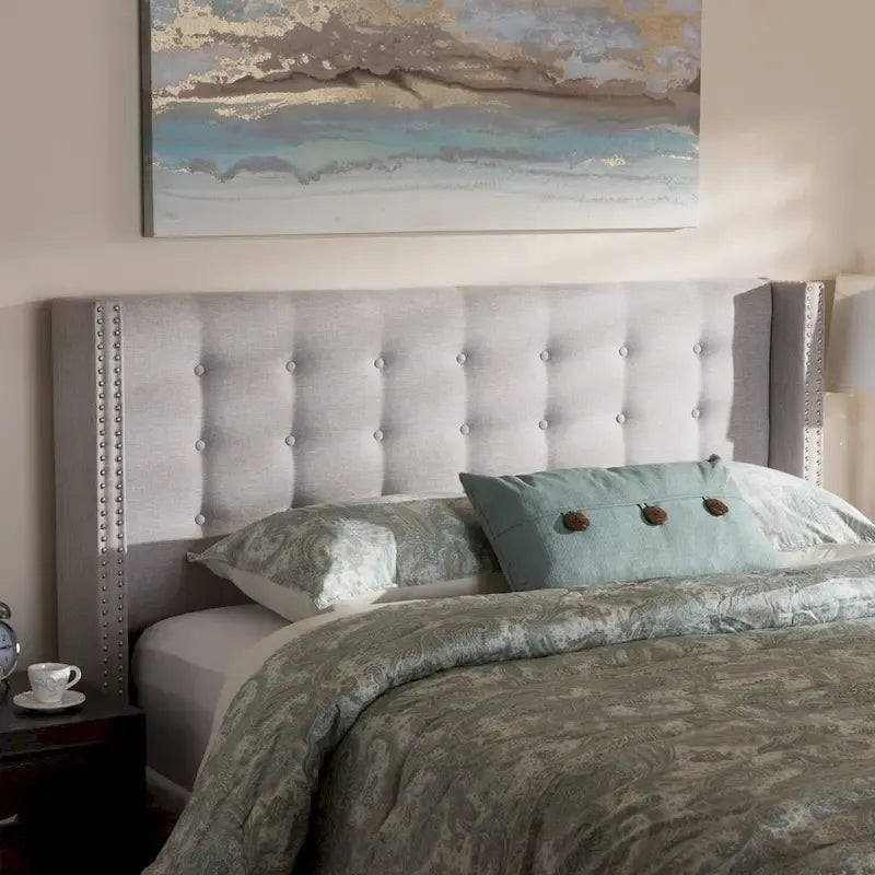 Contemporary Fabric Winged Headboard with Button Tufting and Silver Nail Trim
