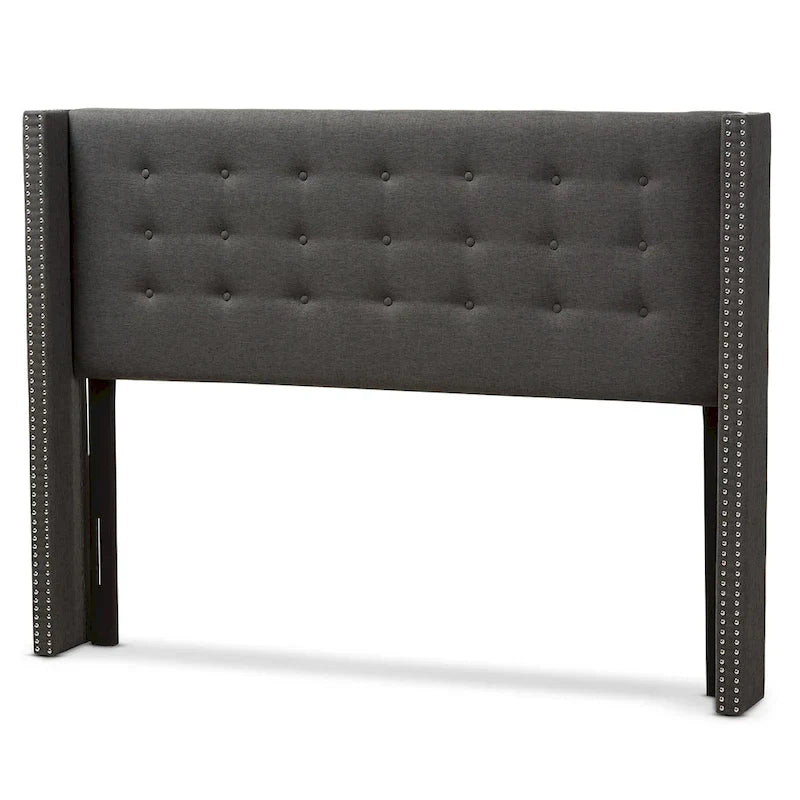 Contemporary Fabric Winged Headboard with Button Tufting and Silver Nail Trim