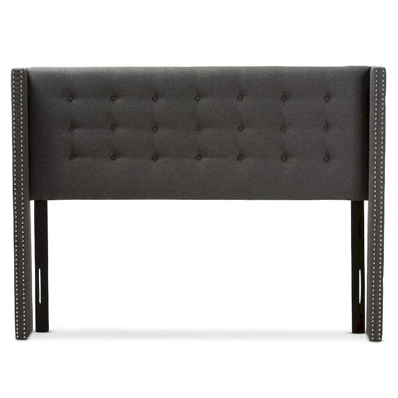 Contemporary Fabric Winged Headboard with Button Tufting and Silver Nail Trim