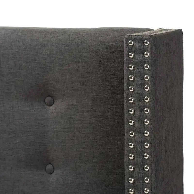 Contemporary Fabric Winged Headboard with Button Tufting and Silver Nail Trim