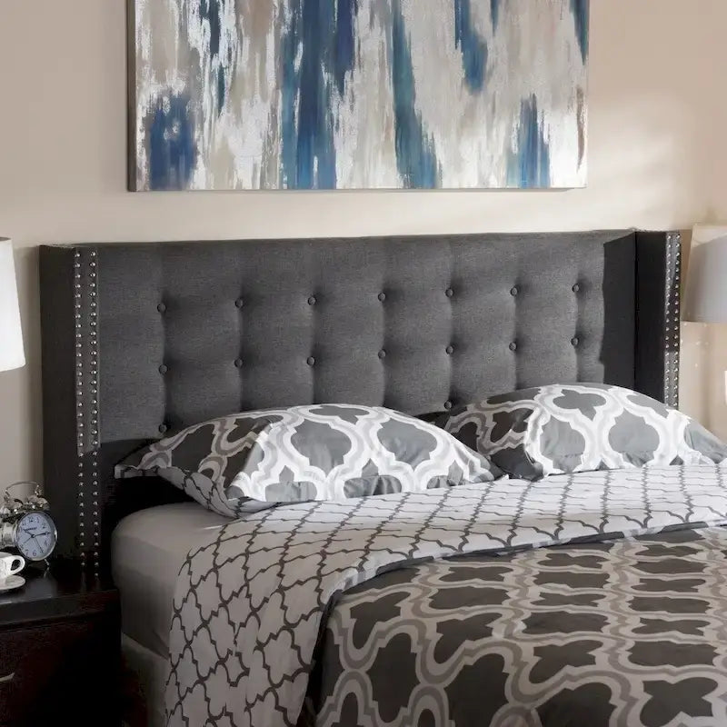 Contemporary Fabric Winged Headboard with Button Tufting and Silver Nail Trim