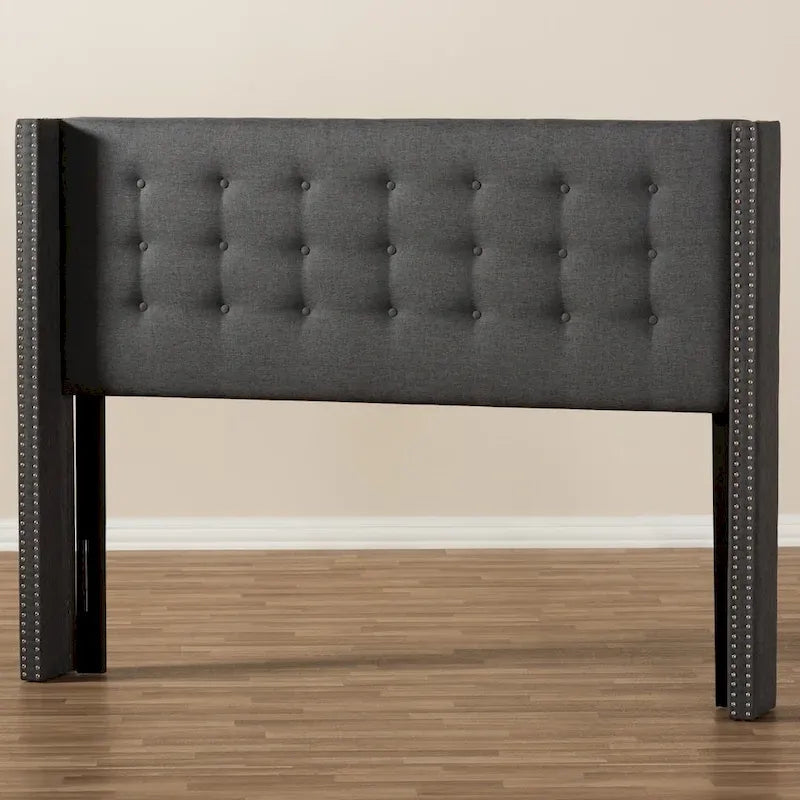 Contemporary Fabric Winged Headboard with Button Tufting and Silver Nail Trim