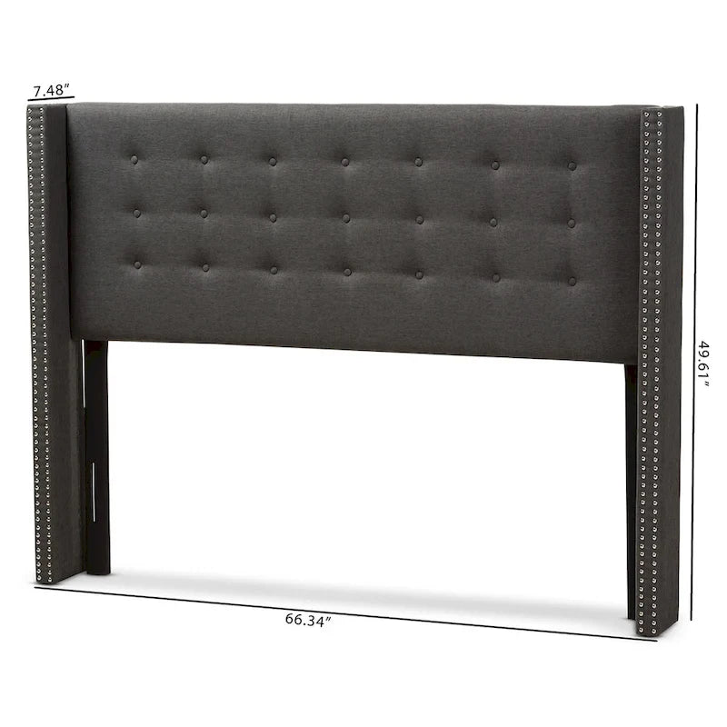 Contemporary Fabric Winged Headboard with Button Tufting and Silver Nail Trim