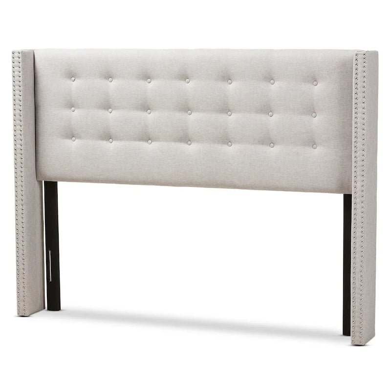 Contemporary Fabric Winged Headboard with Button Tufting and Silver Nail Trim