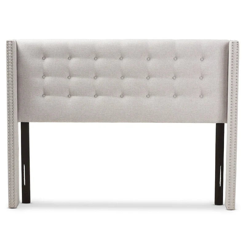 Contemporary Fabric Winged Headboard with Button Tufting and Silver Nail Trim