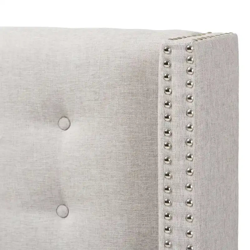 Contemporary Fabric Winged Headboard with Button Tufting and Silver Nail Trim
