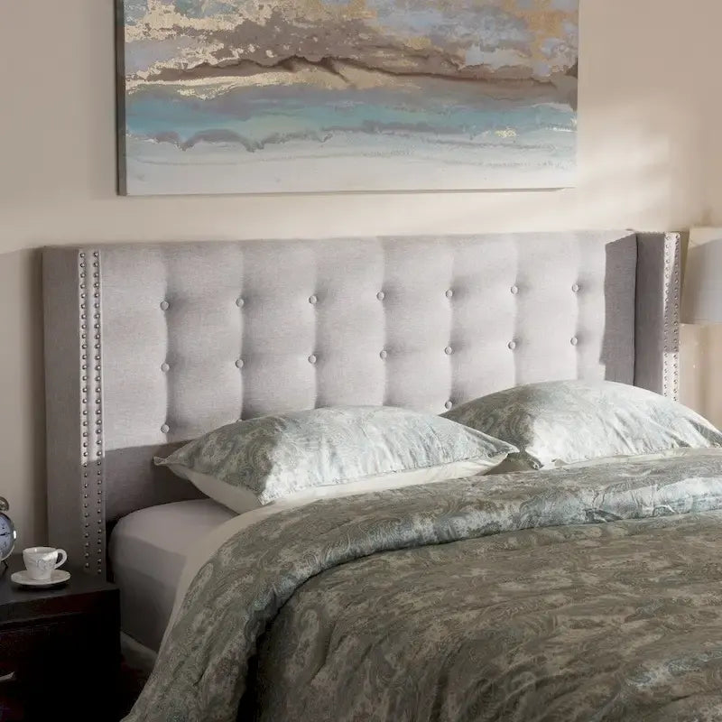 Contemporary Fabric Winged Headboard with Button Tufting and Silver Nail Trim