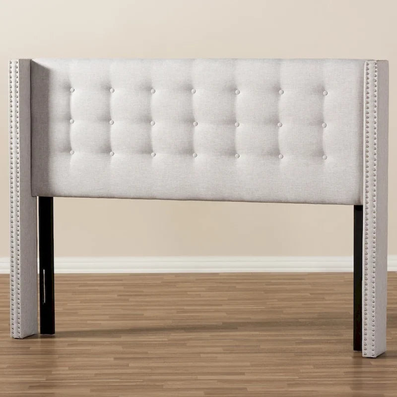Contemporary Fabric Winged Headboard with Button Tufting and Silver Nail Trim