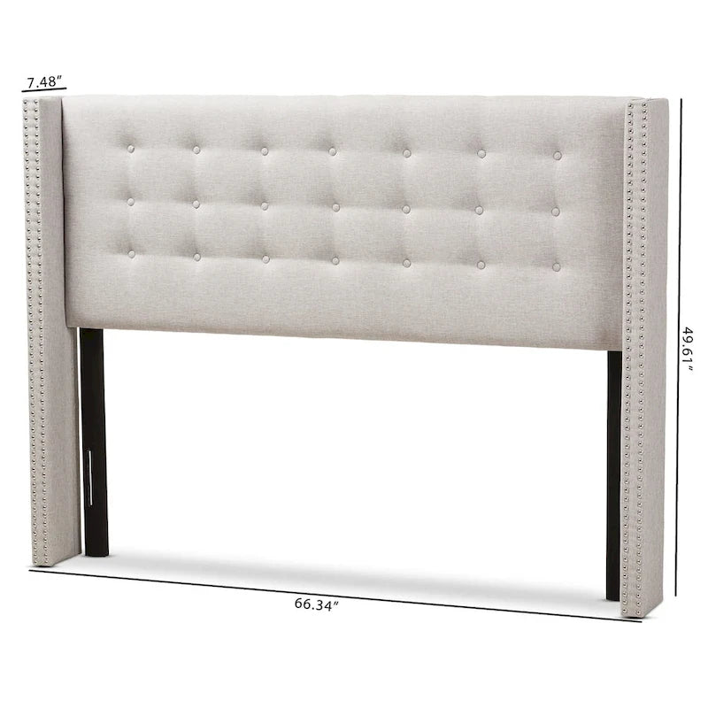 Contemporary Fabric Winged Headboard with Button Tufting and Silver Nail Trim