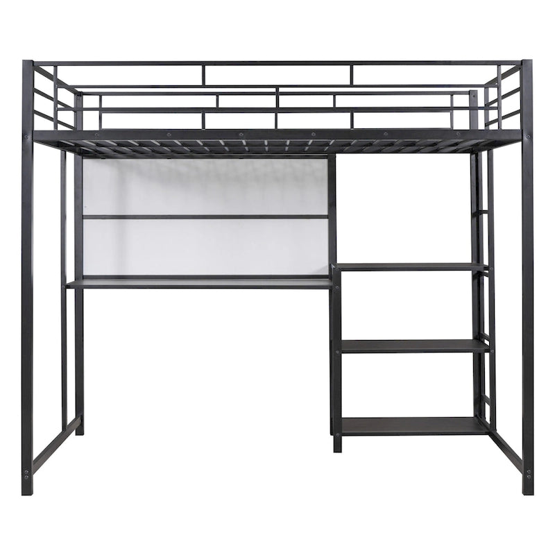 Full Size Black Metal Loft Bed with Desk, Whiteboard, 3 Shelves and Ladder