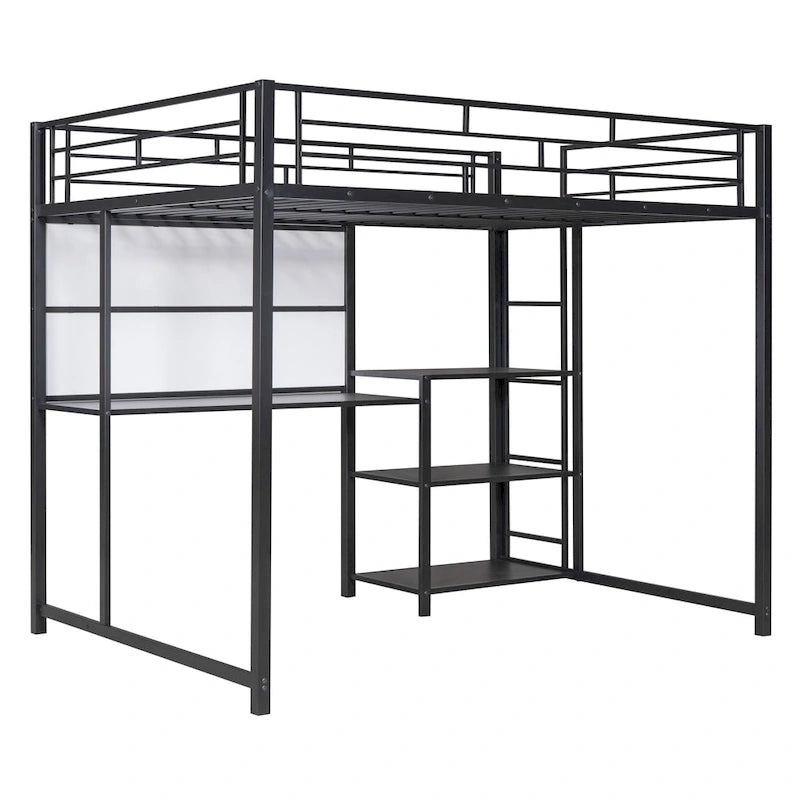 Full Size Black Metal Loft Bed with Desk, Whiteboard, 3 Shelves and Ladder