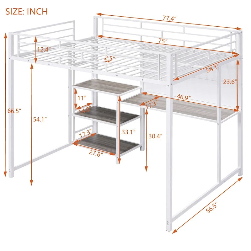 Full Size Black Metal Loft Bed with Desk, Whiteboard, 3 Shelves and Ladder