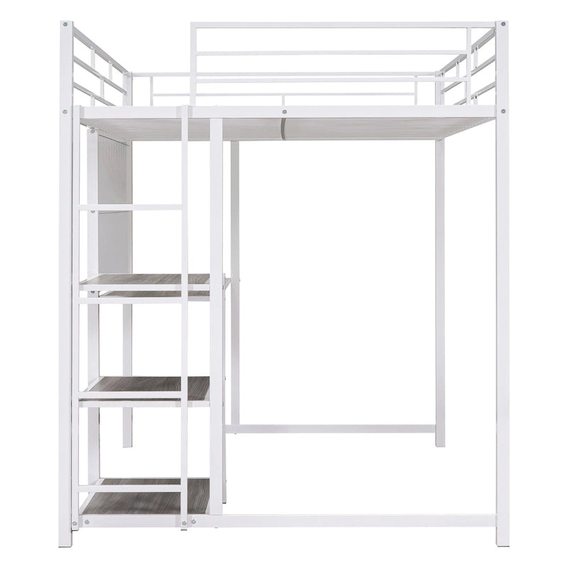 Full Size Black Metal Loft Bed with Desk, Whiteboard, 3 Shelves and Ladder