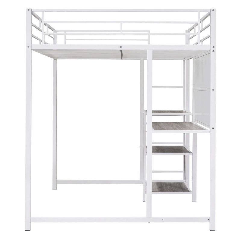 Full Size Black Metal Loft Bed with Desk, Whiteboard, 3 Shelves and Ladder
