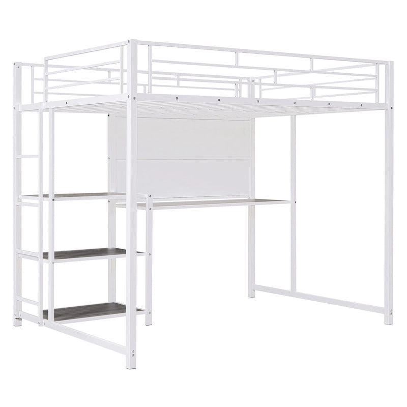 Full Size Black Metal Loft Bed with Desk, Whiteboard, 3 Shelves and Ladder