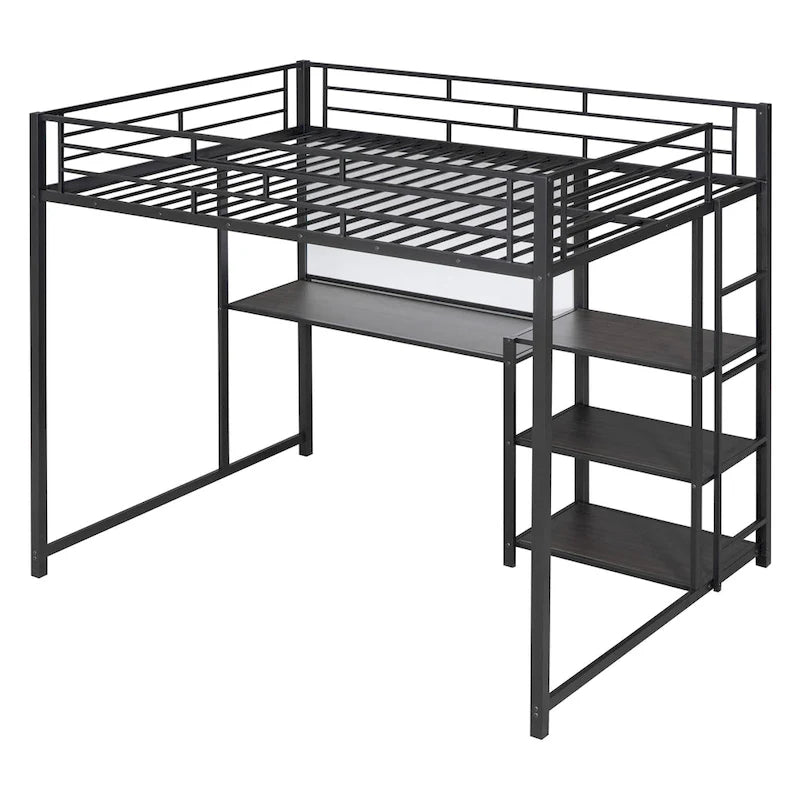 Full Size Black Metal Loft Bed with Desk, Whiteboard, 3 Shelves and Ladder