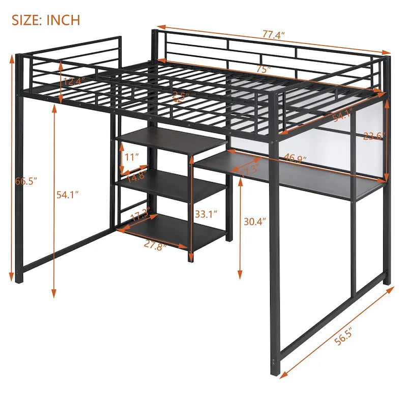 Full Size Black Metal Loft Bed with Desk, Whiteboard, 3 Shelves and Ladder