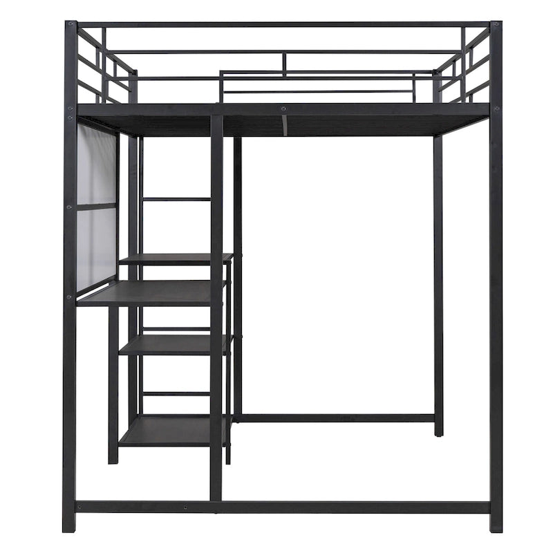 Full Size Black Metal Loft Bed with Desk, Whiteboard, 3 Shelves and Ladder