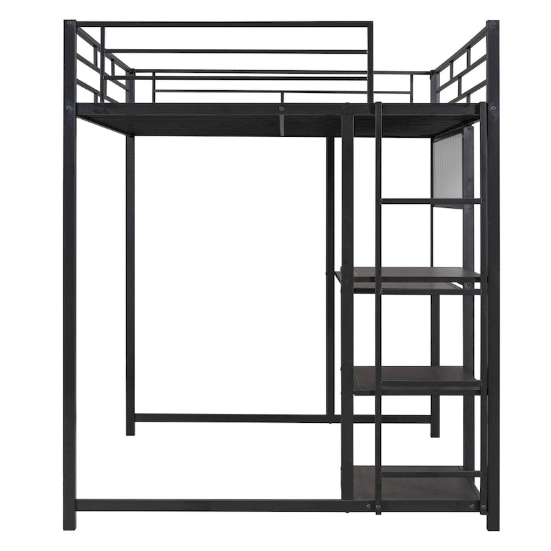 Full Size Black Metal Loft Bed with Desk, Whiteboard, 3 Shelves and Ladder