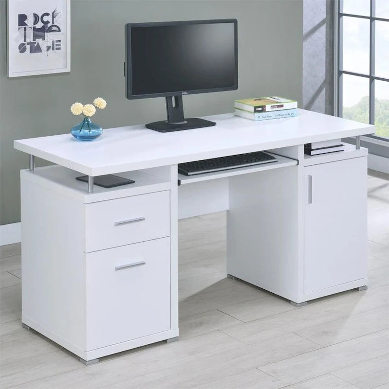 White Computer Desk with 2 Drawers, Filing Cabinet and Keyboard Tray