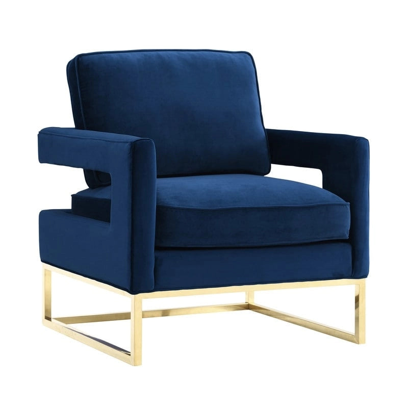 Avery Navy Velvet Accent Chair with Gold Stainless Steel Legs and Removable Cushion