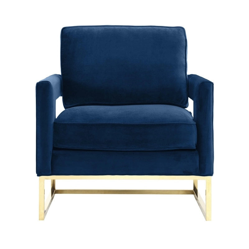Avery Navy Velvet Accent Chair with Gold Stainless Steel Legs and Removable Cushion