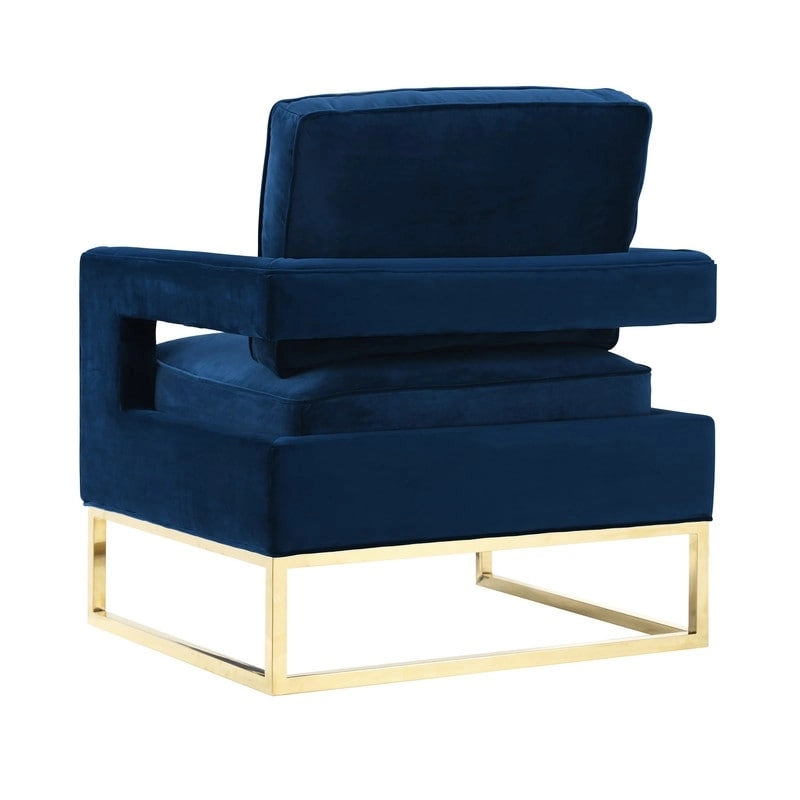 Avery Navy Velvet Accent Chair with Gold Stainless Steel Legs and Removable Cushion